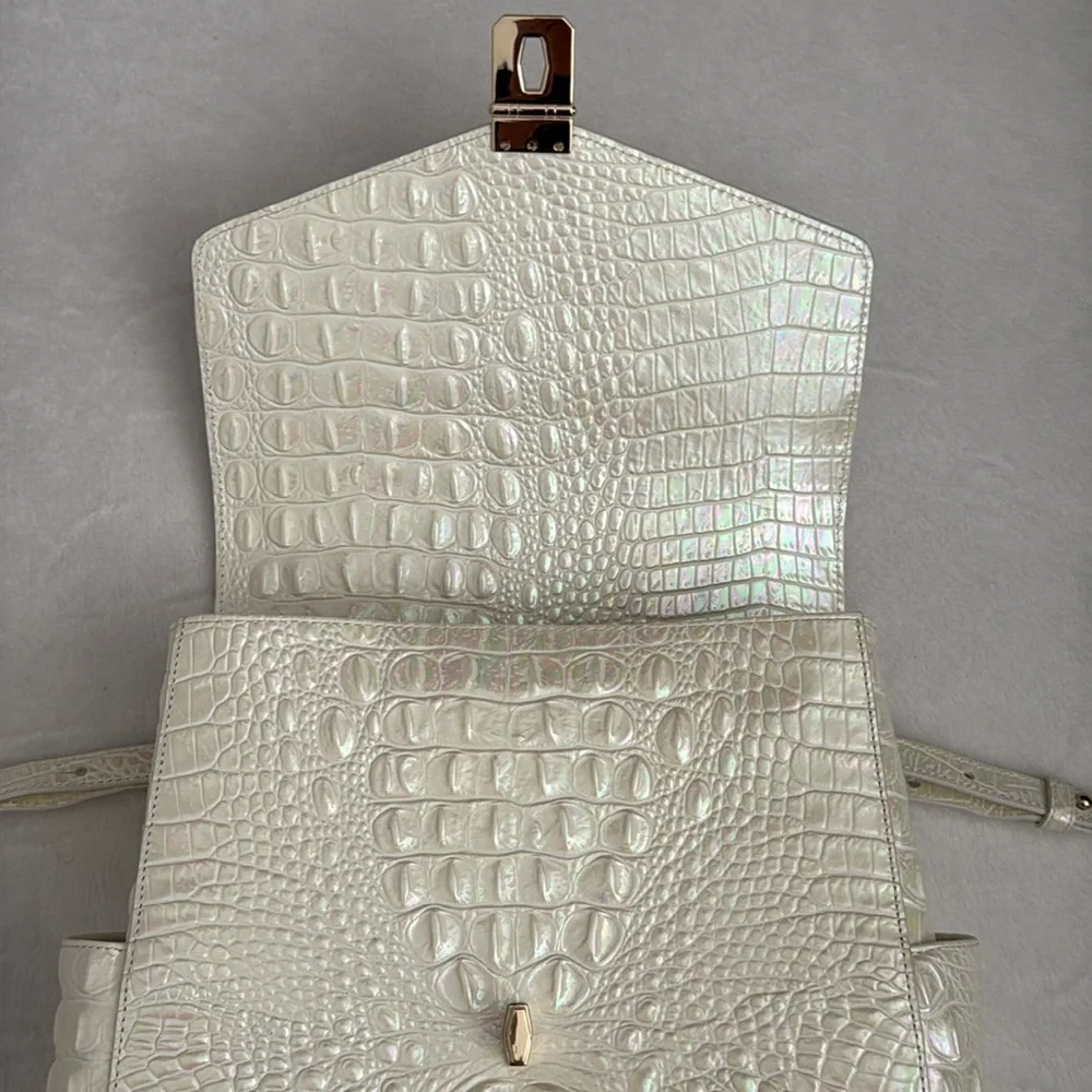 Brahmin | Liz Milk Melbourne Iridescent Croc Convertible Leather Backpack Purse - Picture 12 of 14